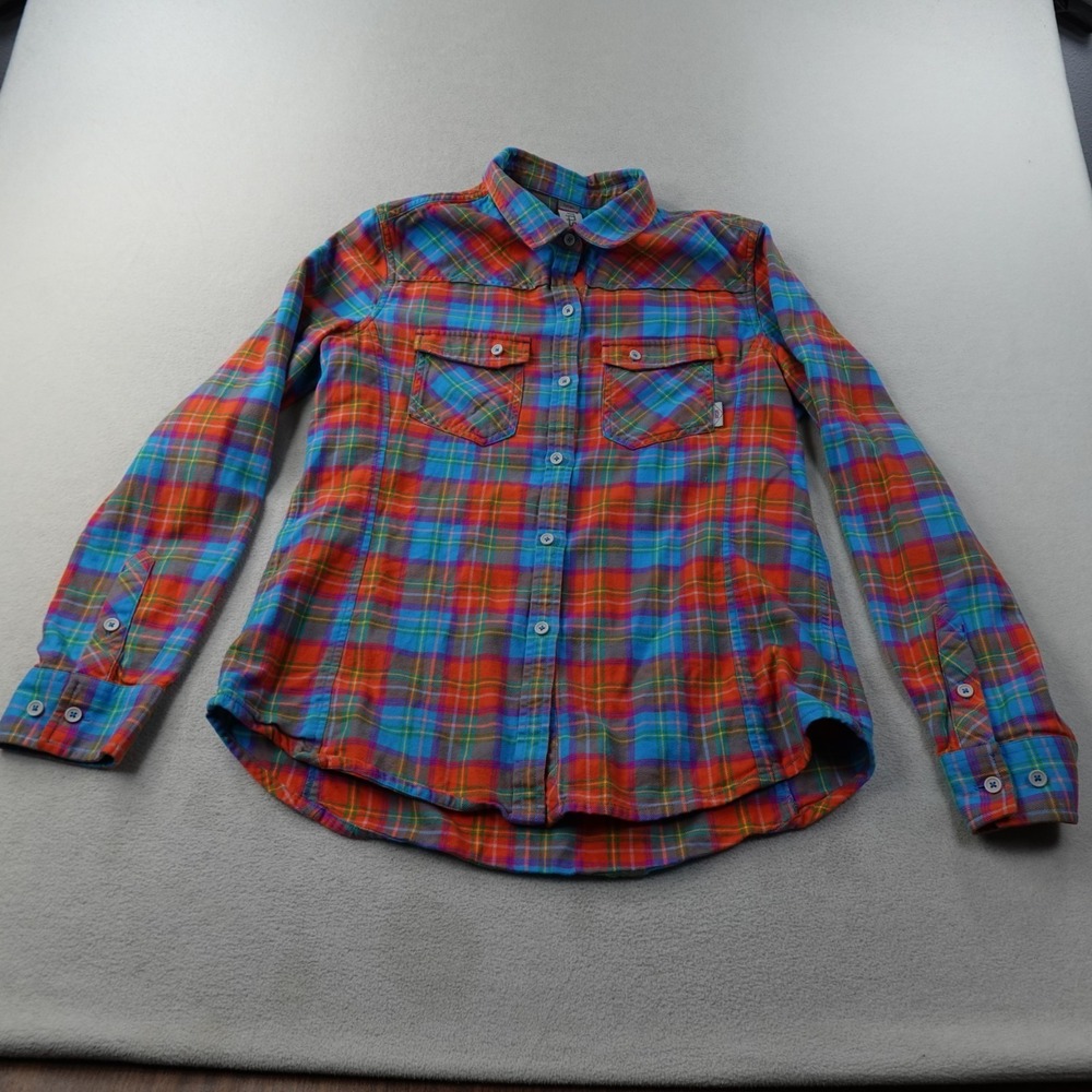 Stio Willow Flannel Shirt Womens Large Red Blue Plaid Hiking Camp Twill